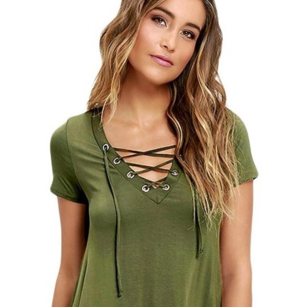 Lace-Up Neck High Low Shirt Dress Size L - Picture 6 of 6